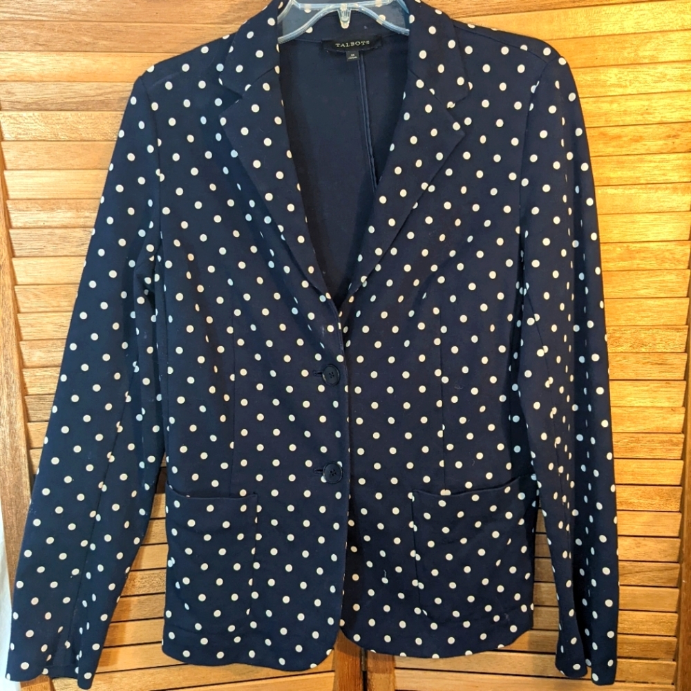 Talbot's stretch blazer, navy 💙 blue with white polka dots.